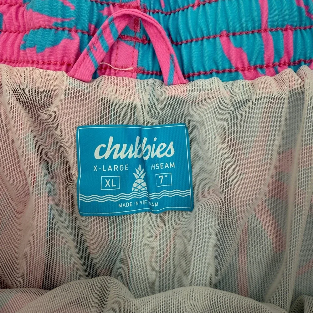 Chubbies Mens Swim Trunks Pink Teal Palm Tree Tropical Board Shorts 7 Inch XL